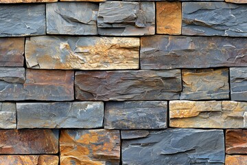 Textured stone stack stone cladding wall made of various slate stones in shades of gray, brown, and orange, showcasing natural patterns and colors.