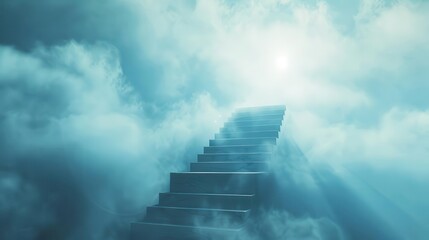 surreal staircase ascending into clouds ethereal light streaming through symbolizing spiritual journey dreamlike atmosphere with soft misty color palette