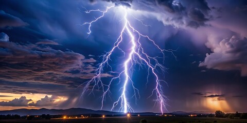 Lightning Strike Over Mountain Range at Sunset, Thunderstorm, Nature, Weather