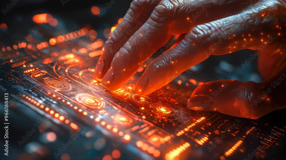 Poster a hand interacting with a glowing holographic financial interface displaying intricate data points