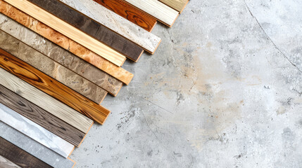 Obraz premium Selection of Flooring Samples Laid Out on a Concrete Surface. Concept of Interior Design, Home Renovation, Various Wood Textures, and Modern Floor Choices. Copy space