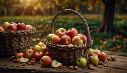 Fresh Apples in Rustic Baskets
