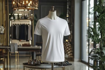 Fototapeta premium Tshirt on stylish mannequin in boutique background created with Generative AI