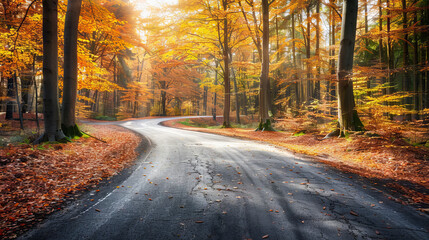 Obraz premium Winding Road Through Vibrant Autumn Forest with Colorful Foliage. Concept of Nature, Scenic Route, Fall Season, Road Trips. Beautiful Landscape, Outdoor Adventure