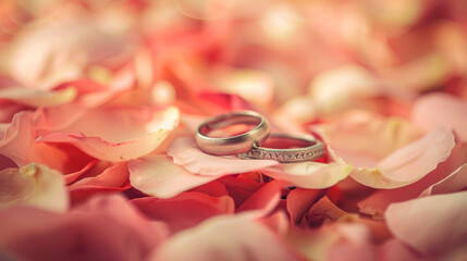 Elegant wedding rings placed on a beautiful bed of fresh rose petals. Concept of wedding jewelry, romantic celebration, love, and marriage. Perfect for romantic occasions and wedding themes