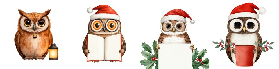 Naklejka premium A charming collection of festive owls adorned in Santa hats, perfect for holiday-themed designs and illustrations.
