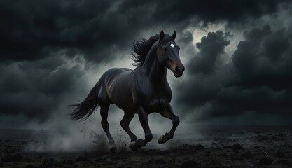 Fototapeta premium Majestic Black Horse in Stormy Landscape
