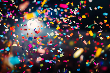 confetti falling over a crowd at a celebration, with the focus on the colorful pieces and the joy of the moment