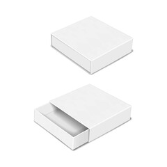 White square cardboard slide-out drawer box. Closed and slightly open. 3d mockup. Carton slider tray and sleeve box isolated. Realistic mock-up. Paper sliding lid container packaging. Vector template