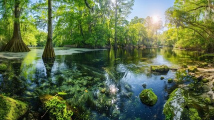 Serene Riverbank in a Lush Green Forest