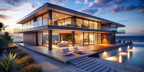 Obraz premium Modern Beachfront Villa with Pool and Deck, Ocean View, Architecture, Luxury, Interior Design ,beach house, modern architecture