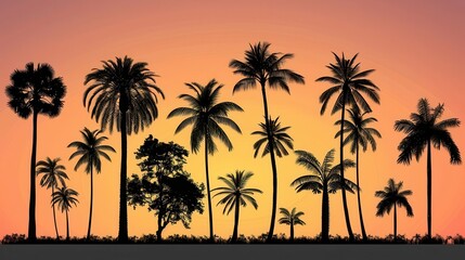 Naklejka premium tropical silhouette skyline elegant black silhouettes of various palm tree species arranged to create a striking tropical skyline gradated background suggests a warm sunset