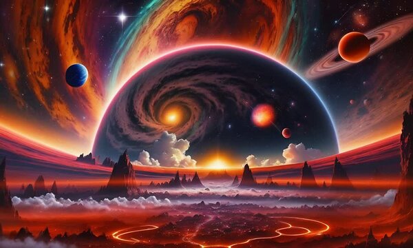 Futuristic cosmic animation with deep space, galaxy, and futuristic cityscape on planet. Bright cosmic animation with illustrations transformations and metamorphose. AI generated cinematic video