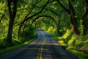 Fototapeta premium A road with trees on either side and a yellow line down the middle