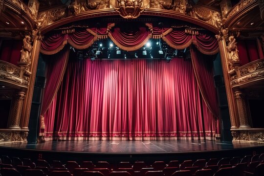 A red curtain hangs in the middle of a stage