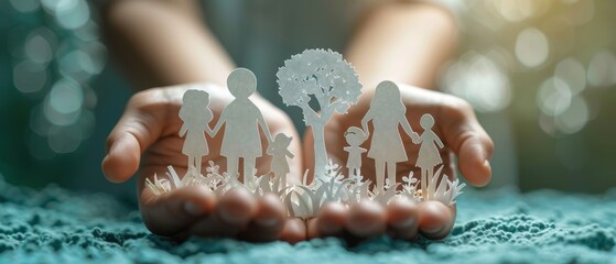 Family care concept, hands holding a paper-cut family symbol on a blue background with copy space for the International Day of Families and World Mentor Day.