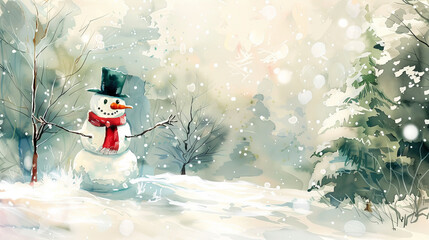 Fototapeta premium Winter forest landscape with a cheerful snowman. Concept of winter wonderland, festive season, charming snow scene, holiday cheer. Print, wall art, greeting card design