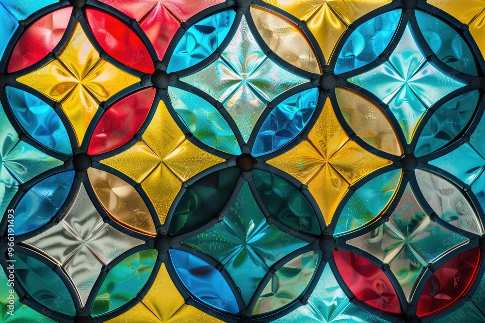 Poster a colorful abstract pattern featuring interlocking shapes in vibrant hues of red, yellow, blue, and 