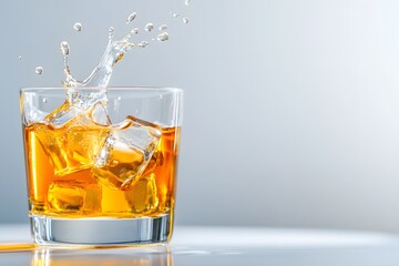 A glass of whiskey with ice cubes, the liquid splashing and swirling around it, set against white background