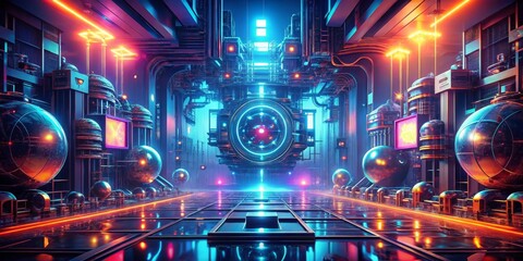Neon Cityscape A futuristic, 3D-rendered composition with a central glowing portal, metallic spheres, and vibrant neon lights. 