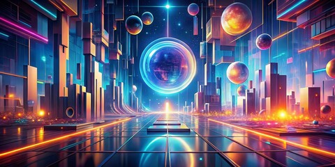 Neon Cityscape with Floating Planets, digital art, abstract, futuristic city, neon lights, planets, abstract