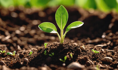 Fototapeta premium A young plant sprouts from the fertile soil, a symbol of growth and new beginnings