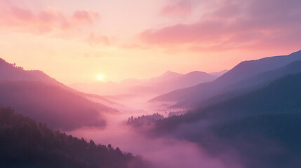 Obraz premium Golden Hour Over a Misty Mountain Valley