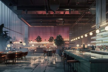 Luxury restaurant interior at night Digitally generated image of a large cafe restaurant interior at night. 3d rendering of a luxury restaurant with elegant decoration.