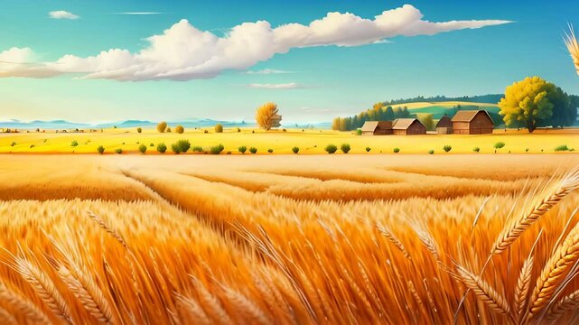 Wheat field on a sunny summer day, trees and blue sky. Rural landscape, bright animation with illustrations transformations and metamorphose. AI Generative AI
