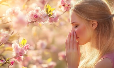 Seasonal Allergy Struggle: Woman Sneezing in Blooming Garden. Pollen Sensitivity Illustrated for Health Awareness Campaigns. Floral Background Highlighting Hay Fever Symptoms and Allergic Reactions in