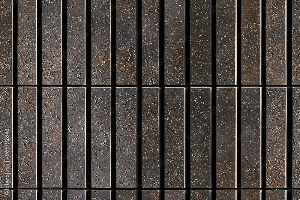 Poster textured wall made of dark, rectangular bricks arranged in a grid pattern. the surface shows variati