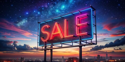 Neon Sale Billboard Above Cityscape, 3D Rendering, Night Sky, Billboard, Neon Sign, City