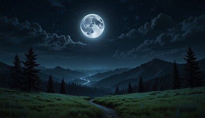 Serene Moonlit Landscape at Night