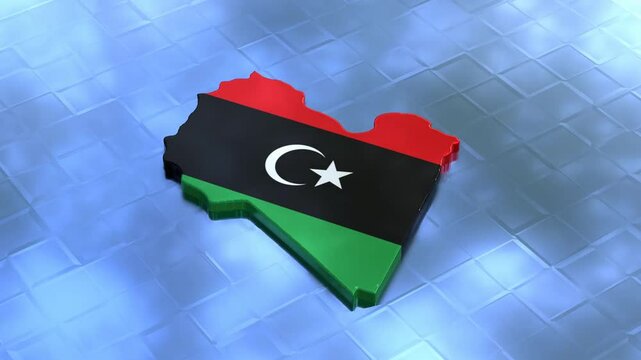 3D map of Libya moving on a black textured floor. The country's area features the Libya flag texture with a luma matte effect. 3d rendering