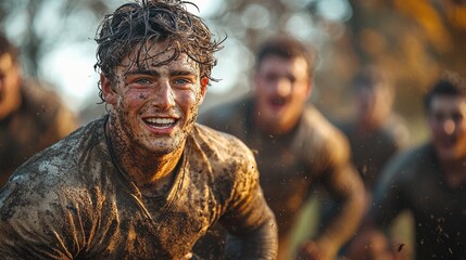 Fototapeta premium Intense Rugby Match with Determined Players on Field