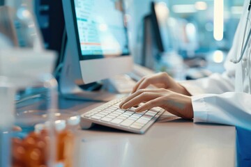 Medicine doctor working with PC computer at desk in the hospital Closeup of pharmacist's hands typing on a computer keyboard at the pharmacy counter. Photo of a female pharmacist using a computer at t