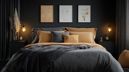 Cozy Minimalist Bedroom Interior Design with Black and Mustard Tones