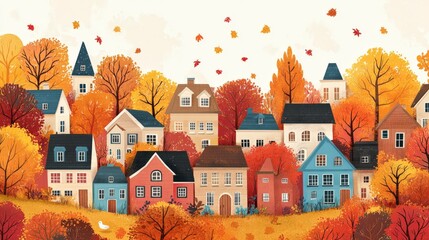 Charming Autumn Cityscape with Colorful Trees and Tiny Houses