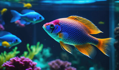 Fototapeta premium A colorful fish swims through a blue aquarium, with other fish and coral in the background