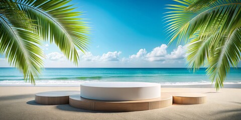 Palm Tree Framed Wooden Podium on Sandy Beach, Tropical, Summer, Vacation