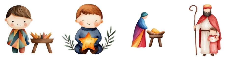 Charming illustrations of children and figures celebrating a festive scene, ideal for holiday-themed projects.