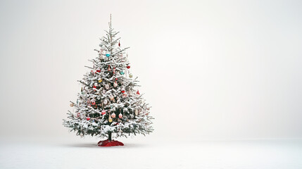 Elegant Flocked Christmas Tree with Frosted Branches Decorated in Gold and Silver Ornaments - Classic Holiday Tree in a Minimalist White Background - Merry Christmas