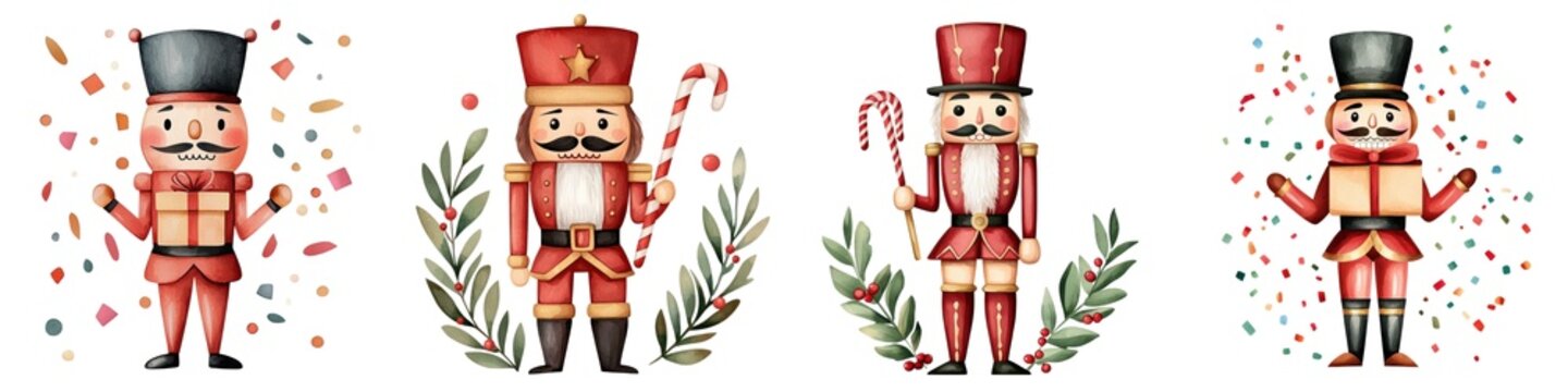 Charming nutcracker figures adorned in festive attire, perfect for holiday decorations and seasonal celebrations.