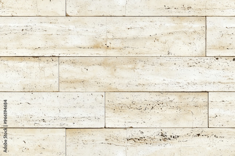 Poster textured stone wall with rectangular tiles in light beige and cream colors, featuring subtle variati