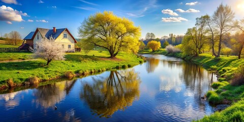 Peaceful River Cottage Landscape, digital painting, river, trees, house, nature, spring