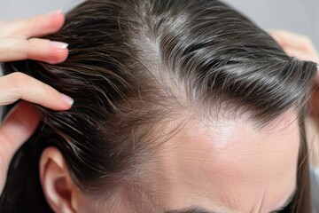 Obraz premium Woman suffering from hair loss. Treatment of hair problems Woman suffering from hair loss. Treatment of hair problems