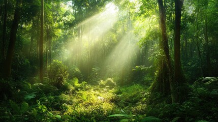 Obraz premium A lush green forest with sunlight streaming through the canopy, showcasing a vibrant, healthy ecosystem and the beauty of natural environment conservation.