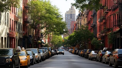 Obraz premium Quiet tree-lined street in a vibrant urban neighborhood with parked cars and early afternoon sunlight filtering through the leaves