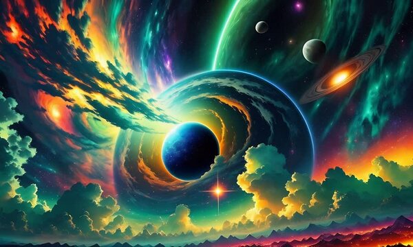 Futuristic cosmic animation with  planet, deep space, galaxy. Bright cosmic animation with illustrations transformations and metamorphose. AI generated cinematic video