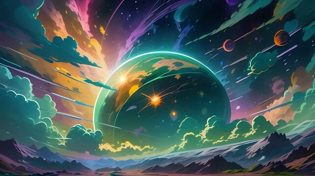 Futuristic cosmic animation with planet, deep space, galaxy. Bright cosmic animation with illustrations transformations and metamorphose. AI generated cinematic video